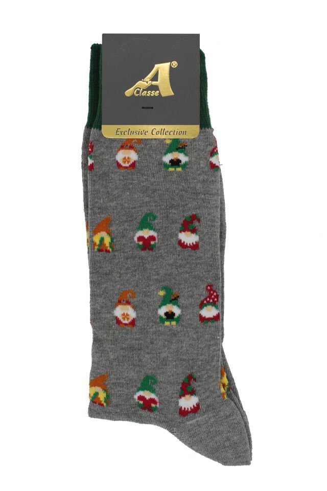 A CLASSE Noel Elfi Desenli Gri Yılbaşı Çorabı
