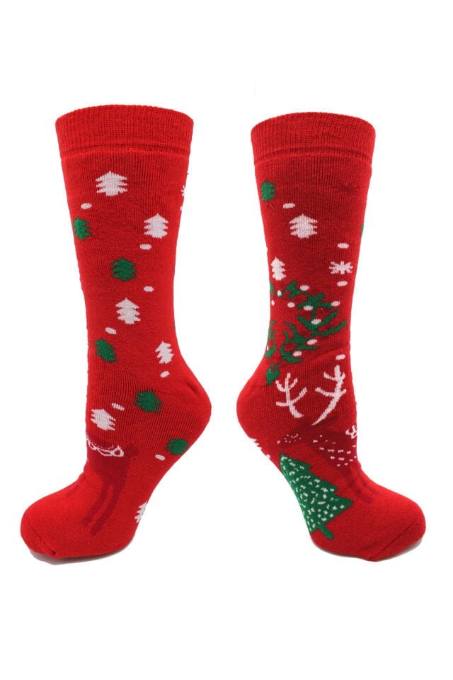 Geyik Desenli Kalın Kışlık Kırmızı Havlu Yılbaşı Çorabı